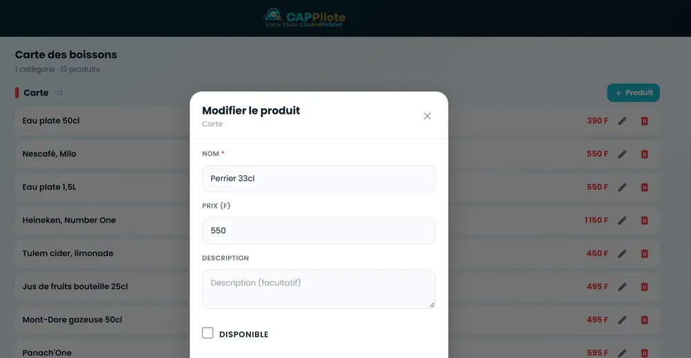 La fiche d'un produit dans CapPilote, avec sa case « Disponible »